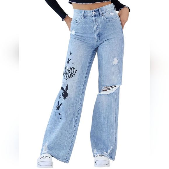 Playboy By PacSun Eco Super Distressed High Waisted Baggy Jeans size 24 - Picture 1 of 14